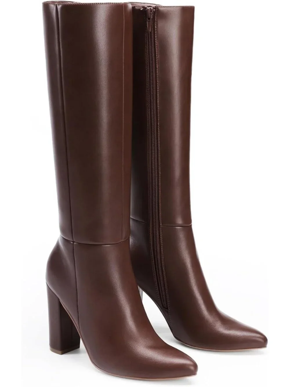 Women's Brown Faux Leather Chunky Heel Pointed Toe Side Zipper Knee High Boots